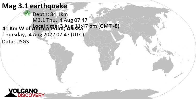 Minor mag. 3.1 earthquake - 25 mi west of Anchor Point, Kenai Peninsula, Alaska, USA, on Wednesday, Aug 3, 2022 at 11:47 pm (GMT -8)