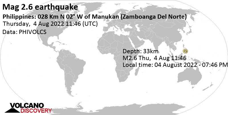 Sismo muy débil mag. 2.6 - Sulu Sea, 36 km NW of Dipolog City, Philippines, jueves,  4 ago 2022 19:46 (GMT +8)