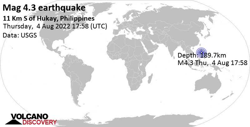 Séisme faible mag. 4.3 - Mer de Chine orientale, 37 km à l\'ouest de Batangas, Calabarzon, Philippines, vendredi,  5 août 2022 01:58 (GMT +8)