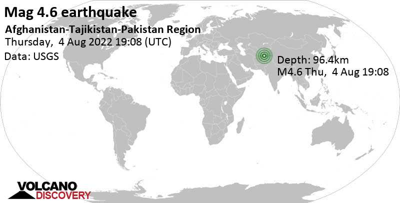 Leichtes Erdbeben der Stärke 4.6 - 96 km südöstlich von Faizabad, Faīẕābād, Badakhshan, Afghanistan, am Donnerstag,  4. Aug 2022 um 23:38 Lokalzeit