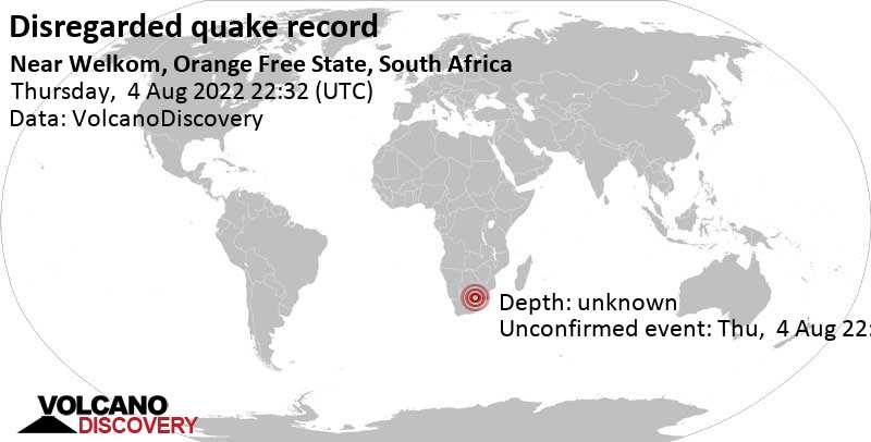 Événement inconnu (à l\'origine signalé comme tremblement de terre): 6.1 km au nord-est de Welkom, Afrique du Sud, vendredi,  5 août 2022 00:32 (GMT +2)