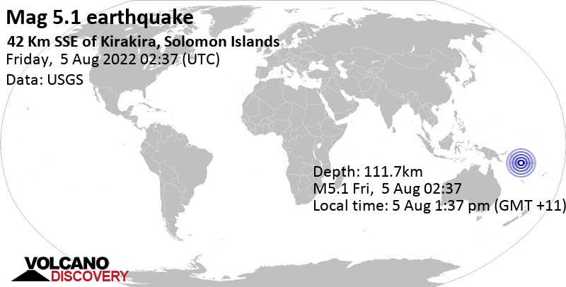 Moderates Erdbeben der Stärke 5.1 - 42 km südöstlich von Kirakira, Nakumwe, Makira-Ulawa Province, Salomonen, am Freitag,  5. Aug 2022 um 13:37 Lokalzeit