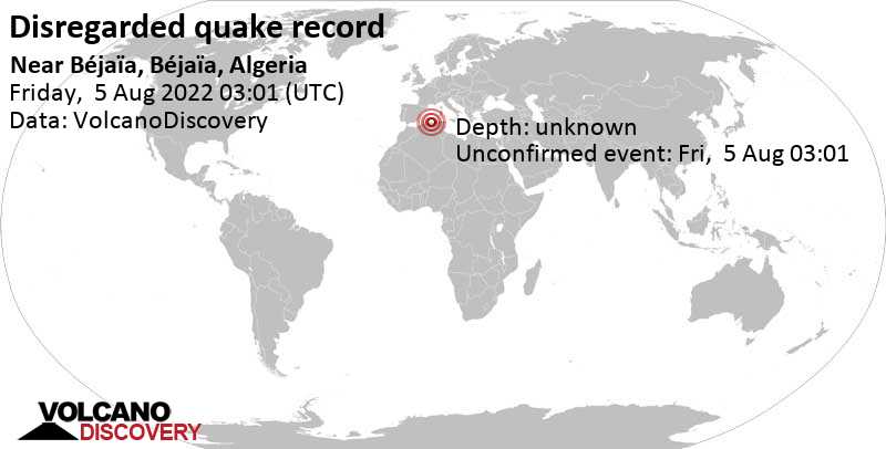Événement inconnu (à l\'origine signalé comme tremblement de terre): 5.3 km au sud-est de el hed, Bejaia, Algérie, vendredi,  5 août 2022 04:01 (GMT +1)
