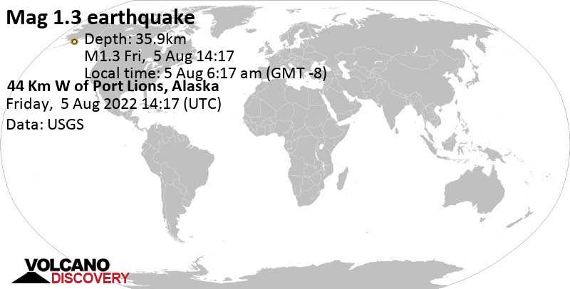 Незначительное землетрясение маг. 1.3 - 44 Km W of Port Lions, Alaska, Пятница,  5 авг 2022 06:17 (GMT -8)