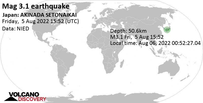 Weak mag. 3.1 earthquake - Hashira Island, Yamaguchi, 24 km northwest of Matsuyama, Ehime, Japan, on Saturday, Aug 6, 2022 at 12:52 am (GMT +9)