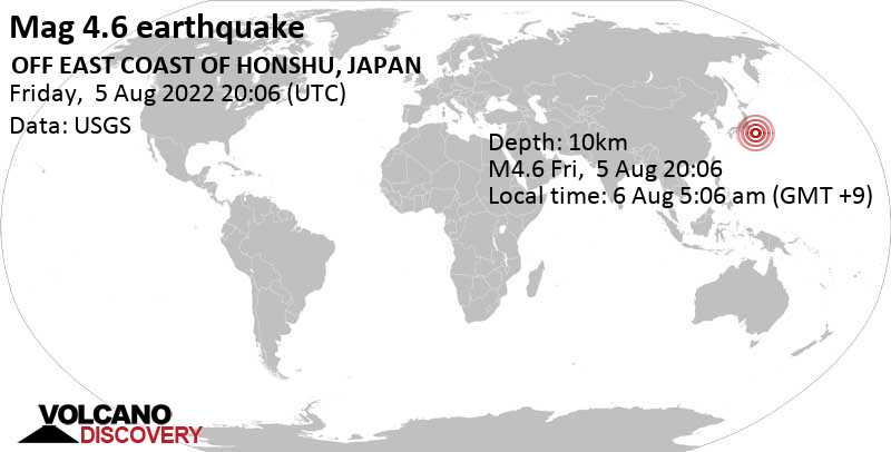 Moderate mag. 4.6 earthquake - North Pacific Ocean, Japan, on Saturday, Aug 6, 2022 at 5:06 am (GMT +9)