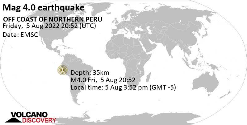 Leichtes Erdbeben der Stärke 4.0 - South Pacific Ocean, 109 km südwestlich von Chimbote, Peru, am Freitag,  5. Aug 2022 um 15:52 Lokalzeit