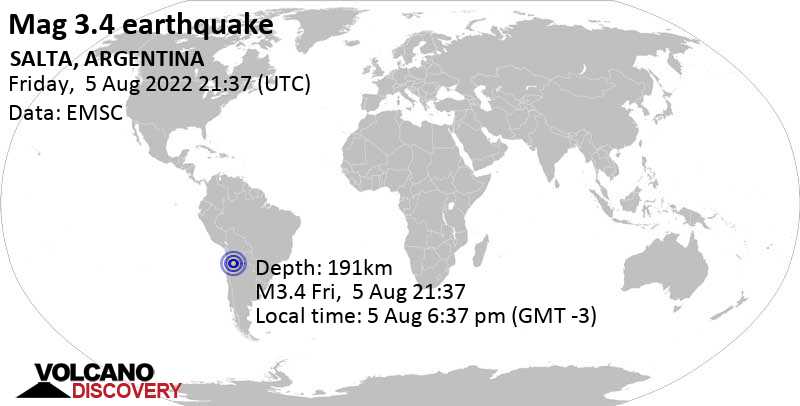 Minor mag. 3.4 earthquake - 75 km west of San Antonio de los Cobres, Departamento de Los Andes, Salta, Argentina, on Friday, Aug 5, 2022 at 6:37 pm (GMT -3)