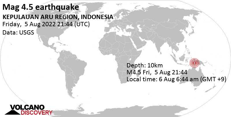 Moderate mag. 4.5 earthquake - Aru Sea, 89 km southeast of Tual, Maluku, Indonesia, on Saturday, Aug 6, 2022 at 6:44 am (GMT +9)