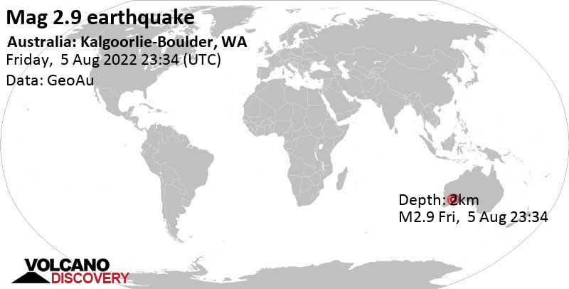 Light mag. 2.9 earthquake - 5 km south of Kalgoorlie-Boulder, Kalgoorlie/Boulder, Western Australia, on Saturday, Aug 6, 2022 at 7:34 am (GMT +8)