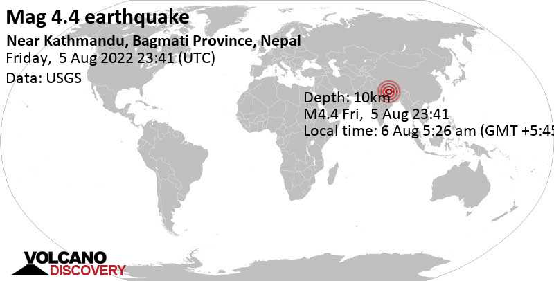 Moderates Erdbeben der Stärke 4.4 - 2.2 km nordwestlich von Kathmandu, Bagmati Province, Nepal, am Samstag,  6. Aug 2022 um 05:26 Lokalzeit