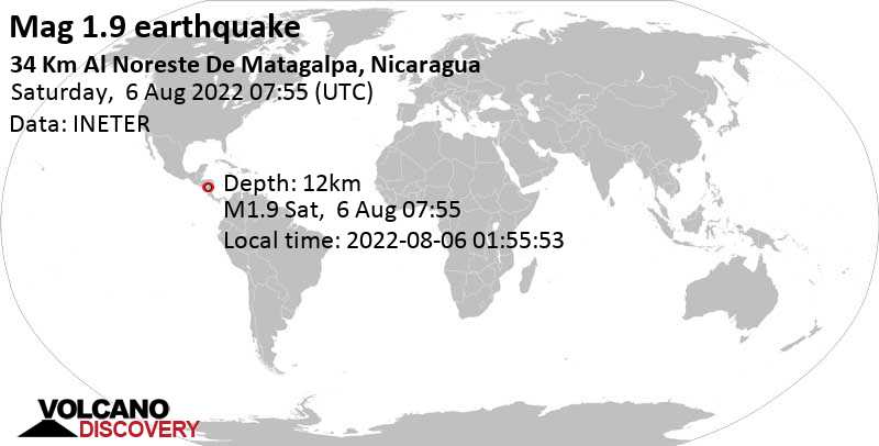 Minor mag. 1.9 earthquake - 34 km northeast of Matagalpa, Nicaragua, on Saturday, Aug 6, 2022 at 1:55 am (GMT -6)