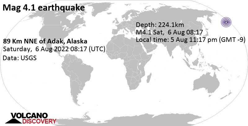 Terremoto leve mag. 4.1 - Bering Sea, 55 miles NNE of Adak, Aleutians West, Alaska, USA, viernes,  5 ago 2022 23:17 (GMT -9)