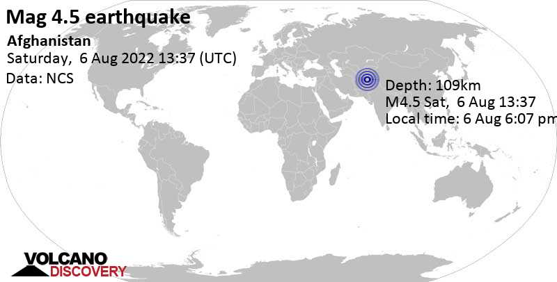 Light mag. 4.5 earthquake - 44 km west of Assad-Abad, Asadābād, Kunar, Afghanistan, on Saturday, Aug 6, 2022 at 6:07 pm (GMT +4:30)