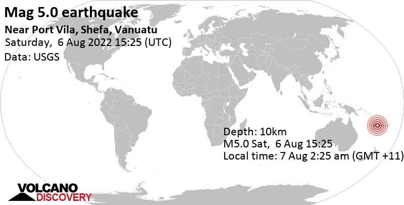 Strong mag. 5.0 earthquake - Coral Sea, 40 km south of Port Vila, Shefa Province, Vanuatu, on Sunday, Aug 7, 2022 at 2:25 am (GMT +11)