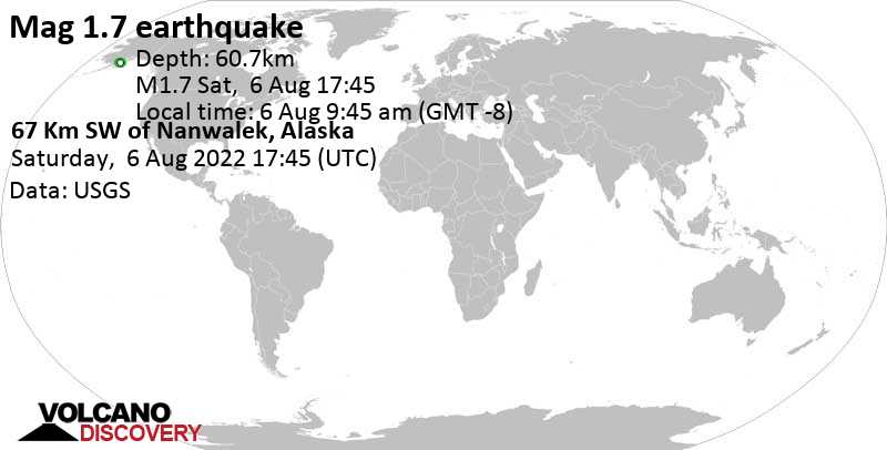 Minor mag. 1.7 earthquake - 67 Km SW of Nanwalek, Alaska, on Saturday, Aug 6, 2022 at 9:45 am (GMT -8)