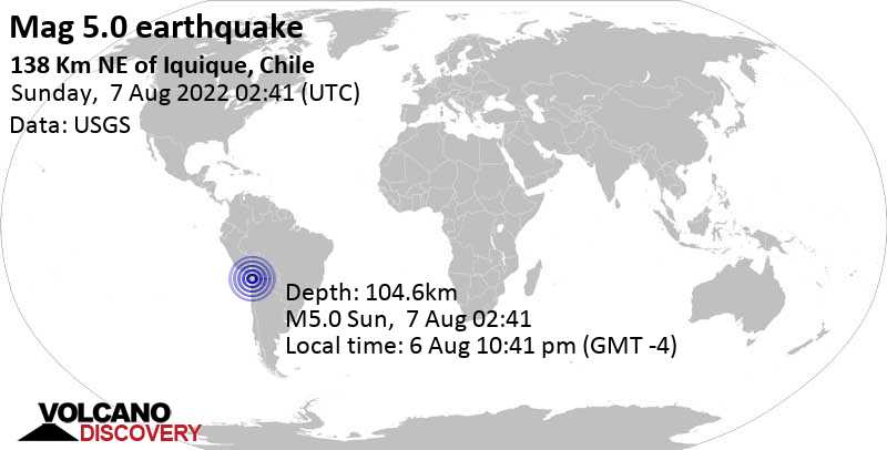 Información del terremoto: Magn. promedio.  Terremoto 5.0 – 139 km al noreste de Iquique, Tarapacá, Chile, el sábado 6 de agosto de 2022 a las 22:41 (GMT-4)