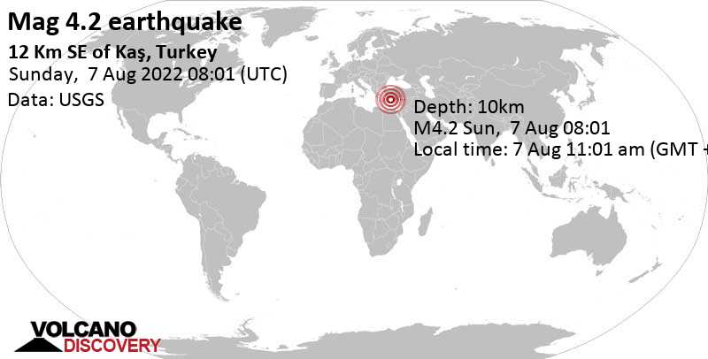 Moderate mag. 4.2 earthquake - Eastern Mediterranean, Greece, 58 km southwest of Beykonak, Antalya, Turkey, on Sunday, Aug 7, 2022 at 11:01 am (GMT +3)