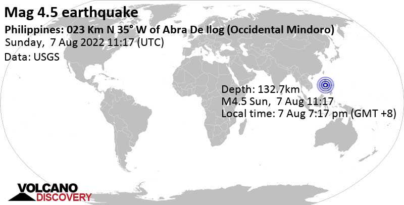 Leichtes Erdbeben der Stärke 4.5 - South China Sea, 36 km südwestlich von Batangas, Calabarzon, Philippinen, am Sonntag,  7. Aug 2022 um 19:17 Lokalzeit