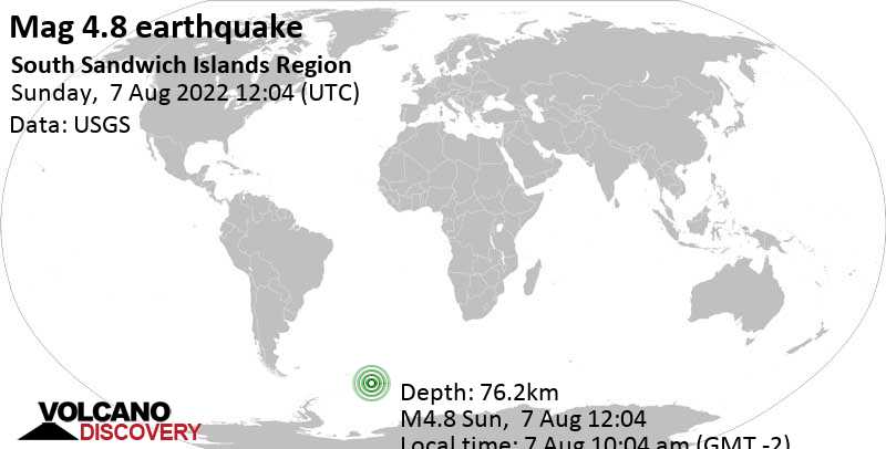 Light mag. 4.8 earthquake - South Atlantic Ocean, South Georgia & South Sandwich Islands, on Sunday, Aug 7, 2022 at 10:04 am (GMT -2)
