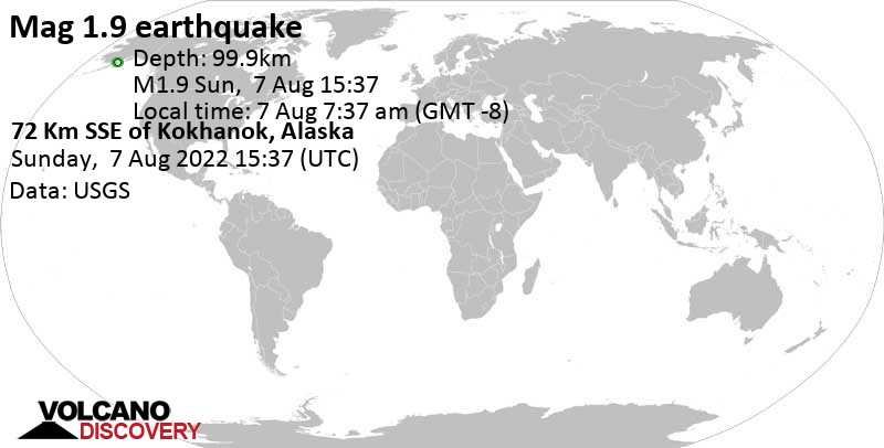 Minor mag. 1.9 earthquake - 72 Km SSE of Kokhanok, Alaska, on Sunday, Aug 7, 2022 at 7:37 am (GMT -8)