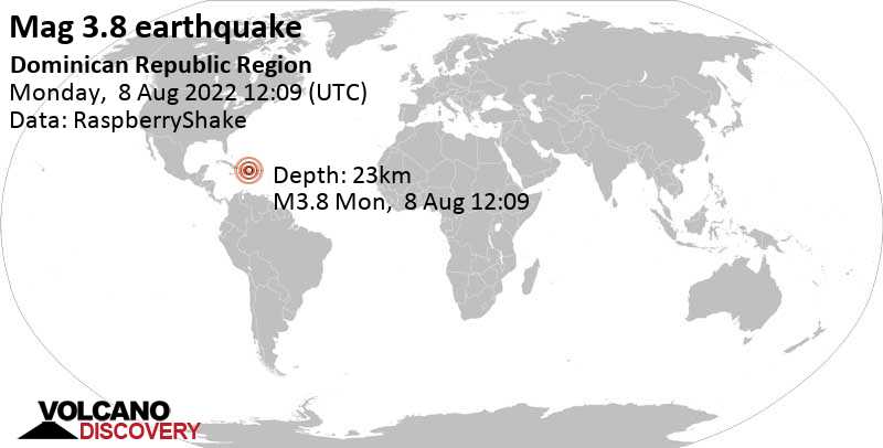 Leichtes Erdbeben der Stärke 3.8 - Provincia Duarte, 21 km südwestlich von Nagua, Dominikanische Republik, am Montag,  8. Aug 2022 um 08:09 Lokalzeit