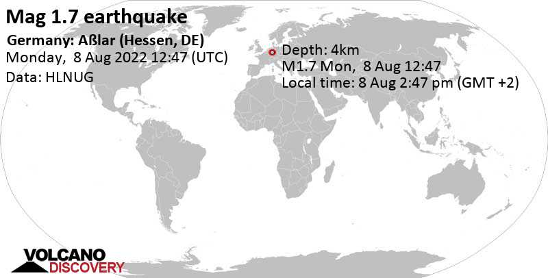 Séisme mineur mag. 1.7 - 7.7 km au nord de Wetzlar, District de Gießen, Hesse, Allemagne, lundi,  8 août 2022 14:47 (GMT +2)