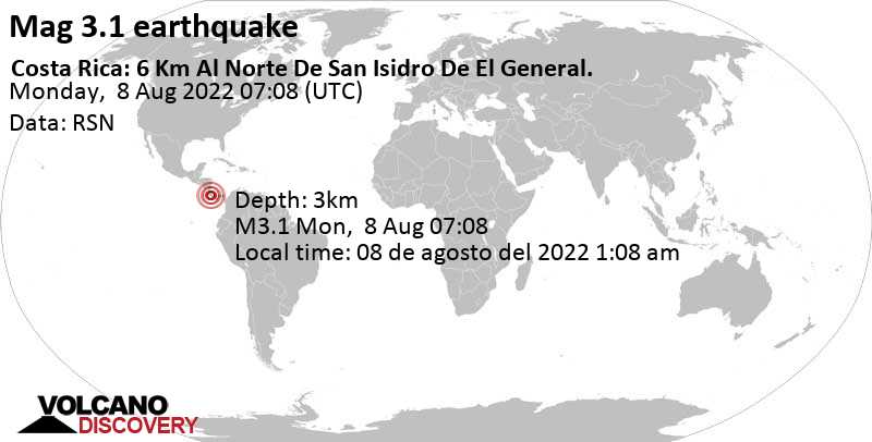 Leichtes Erdbeben der Stärke 3.1 - 7.3 km nordwestlich von San Isidro, Costa Rica, am Montag,  8. Aug 2022 um 01:08 Lokalzeit