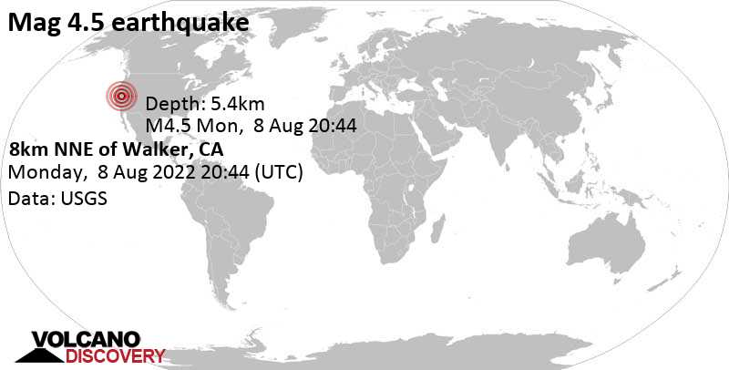 Moderate mag. 4.5 earthquake - 38 mi southeast of South Lake Tahoe, El Dorado County, California, USA, on Monday, Aug 8, 2022 at 1:44 pm (GMT -7)