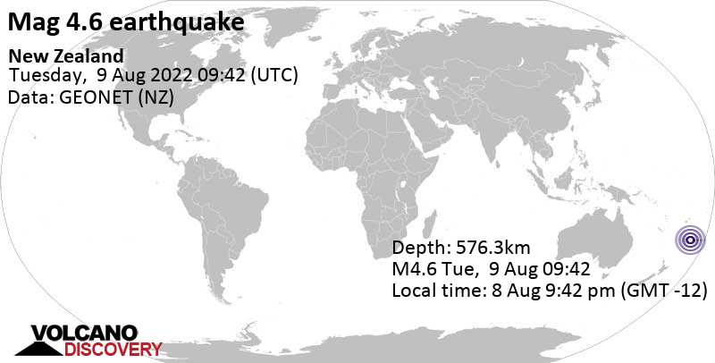 Séisme faible mag. 4.6 - South Pacific Ocean, Nouvelle-Zélande, lundi,  8 août 2022 21:42 (GMT -12)