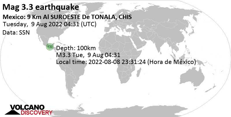Sehr schwaches Beben Stärke 3.3 - 9.6 km südlich von Tonala, Chiapas, Mexiko, am Montag,  8. Aug 2022 um 23:31 Lokalzeit