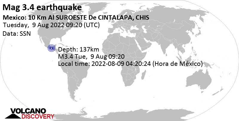 Sehr schwaches Beben Stärke 3.4 - 9.1 km südwestlich von Cintalapa de Figueroa, Chiapas, Mexiko, am Dienstag,  9. Aug 2022 um 04:20 Lokalzeit