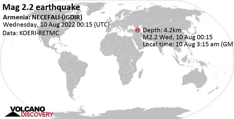 Weak mag. 2.2 earthquake - Iğdır, Turkey, 15 km south of Armavir, Armenia, on Wednesday, Aug 10, 2022 at 3:15 am (GMT +3)