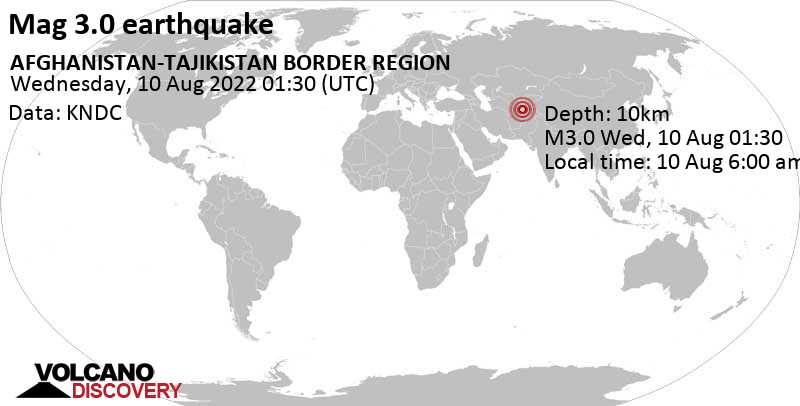 Leichtes Erdbeben der Stärke 3.0 - 9.8 km westlich von Qarāwul, Imām Şāḩib, Kundus, Afghanistan, am Mittwoch, 10. Aug 2022 um 06:00 Lokalzeit