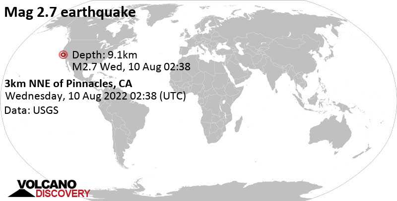 Weak mag. 2.7 earthquake - 14 mi northeast of Soledad, Monterey County, California, USA, on Tuesday, Aug 9, 2022 at 7:38 pm (GMT -7)