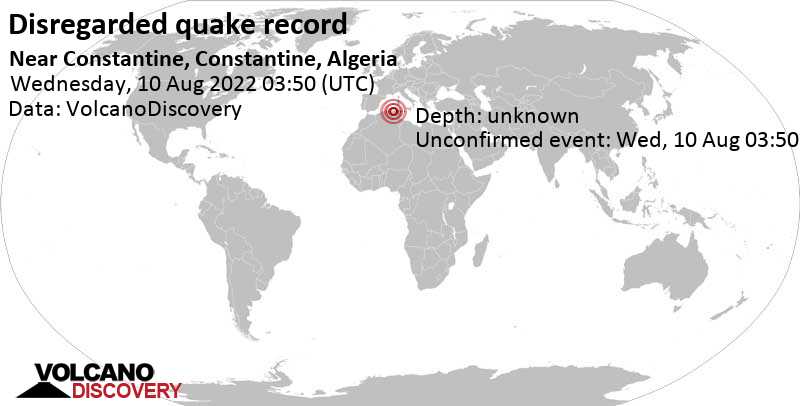 Reported seismic-like event (likely no quake): 1.2 km southwest of Constantine, Algeria, Wednesday, Aug 10, 2022 at 4:50 am (GMT +1)