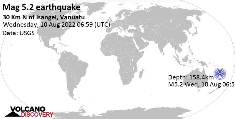 Moderates Erdbeben der Stärke 5.2 - Korallenmeer, 31 km nördlich von Isangel, Tafea Province, Vanuatu, am Mittwoch, 10. Aug 2022 um 17:59 Lokalzeit