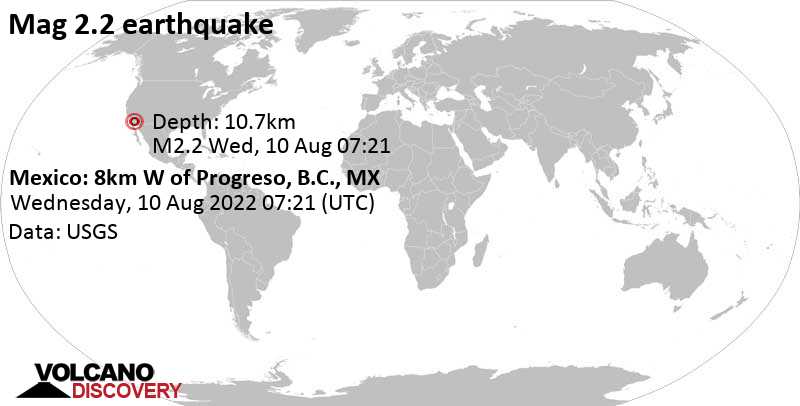 Schwaches Erdbeben Stärke 2.2 - Mexico: 8km W of Progreso, B.C., MX, am Mittwoch, 10. Aug 2022 um 00:21 Lokalzeit