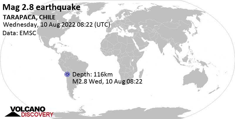 Minor mag. 2.8 earthquake - Departamento de Potosi, Bolivia, 144 km east of Iquique, Tarapaca, Chile, on Wednesday, Aug 10, 2022 at 4:22 am (GMT -4)