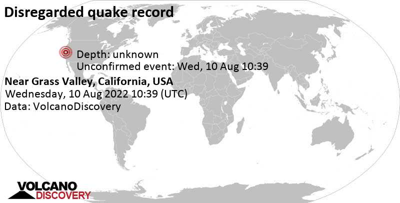 Unbekanntes (usrprünglich als Erdbeben) gemeldetes Ereignis: 0.3 km nordwestlich von Grass Valley, Nevada County, Kalifornien, USA, am Mittwoch, 10. Aug 2022 um 03:39 Lokalzeit