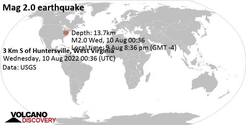 Незначительное землетрясение маг. 2.0 - 3 Km S of Huntersville, West Virginia, Вторник,  9 авг 2022 20:36 (GMT -4)