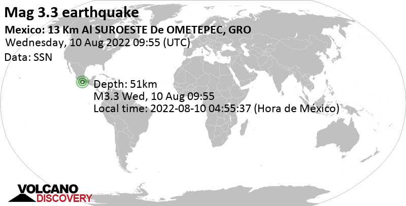 Weak mag. 3.3 earthquake - 14 km south of Ometepec, Guerrero, Mexico, on Wednesday, Aug 10, 2022 at 4:55 am (GMT -5)