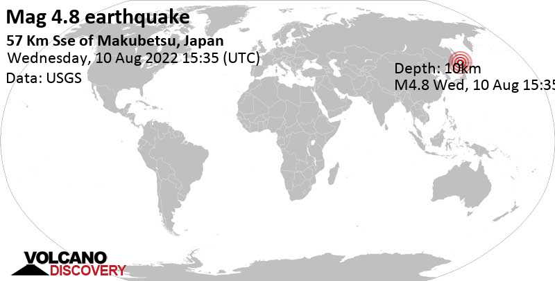 Séisme modéré mag. 4.8 - 65 km au sud de Wakkanai, Hokkaido, Japon, jeudi, 11 août 2022 00:35 (GMT +9)