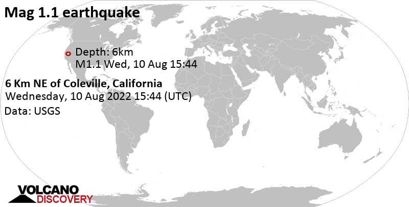 Séisme mineur mag. 1.1 - 6 Km NE of Coleville, California, mercredi, 10 août 2022 08:44 (GMT -7)