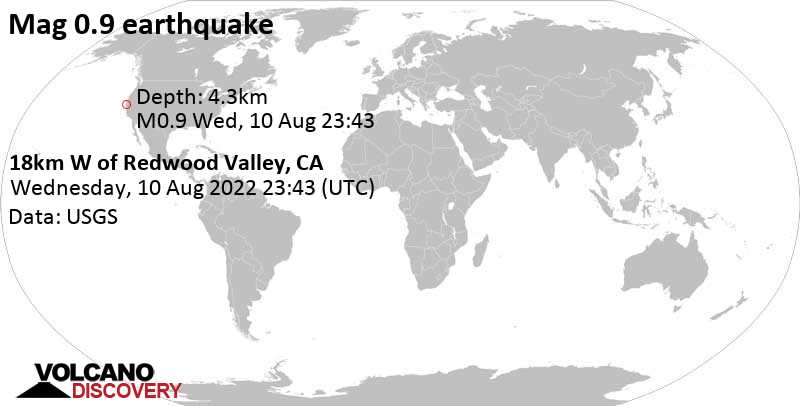 Séisme mineur mag. 0.9 - 18km W of Redwood Valley, CA, mercredi, 10 août 2022 16:43 (GMT -7)