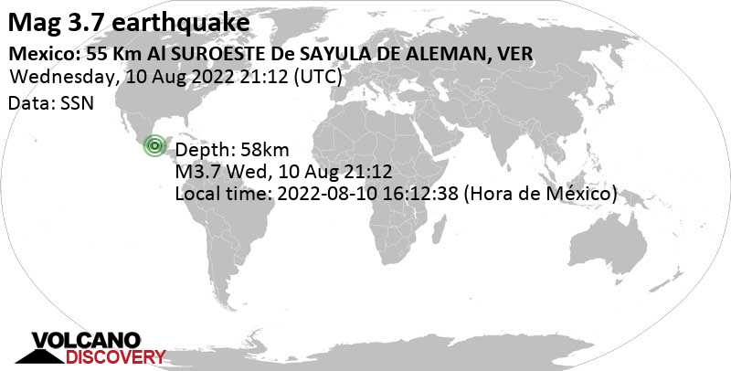 Schwaches Erdbeben Stärke 3.7 - Oaxaca, 19 km westlich von Jesus Carranza, Veracruz, Mexiko, am Mittwoch, 10. Aug 2022 um 16:12 Lokalzeit