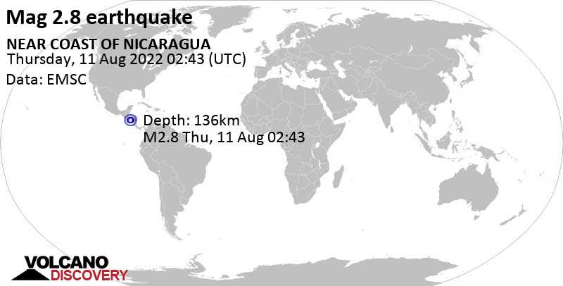 Sehr schwaches Beben Stärke 2.8 - 23 km nordwestlich von Chinandega, Nicaragua, am Mittwoch, 10. Aug 2022 um 20:43 Lokalzeit