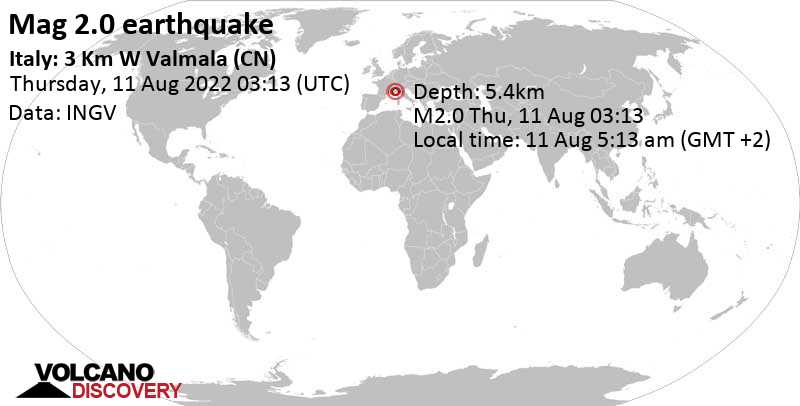 Weak mag. 2.0 earthquake - Italy: 3 Km W Valmala (CN) on Thursday, Aug 11, 2022 at 5:13 am (GMT +2)