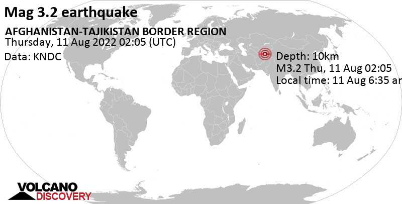 Light mag. 3.2 earthquake - 35 km north of Khorugh, Gorno-Badakhshan, Tajikistan, on Thursday, Aug 11, 2022 at 6:35 am (GMT +4:30)