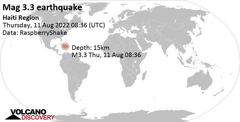 Light mag. 3.3 earthquake - Caribbean Sea, 69 km north of Jeremie, Grandans, Haiti, on Thursday, Aug 11, 2022 at 4:36 am (GMT -4)
